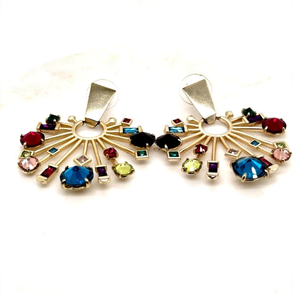 Kendra Scott Fabia Multi Color Crystal Sunburst Statement Earrings Gold Tone - Picture 4 of 10
